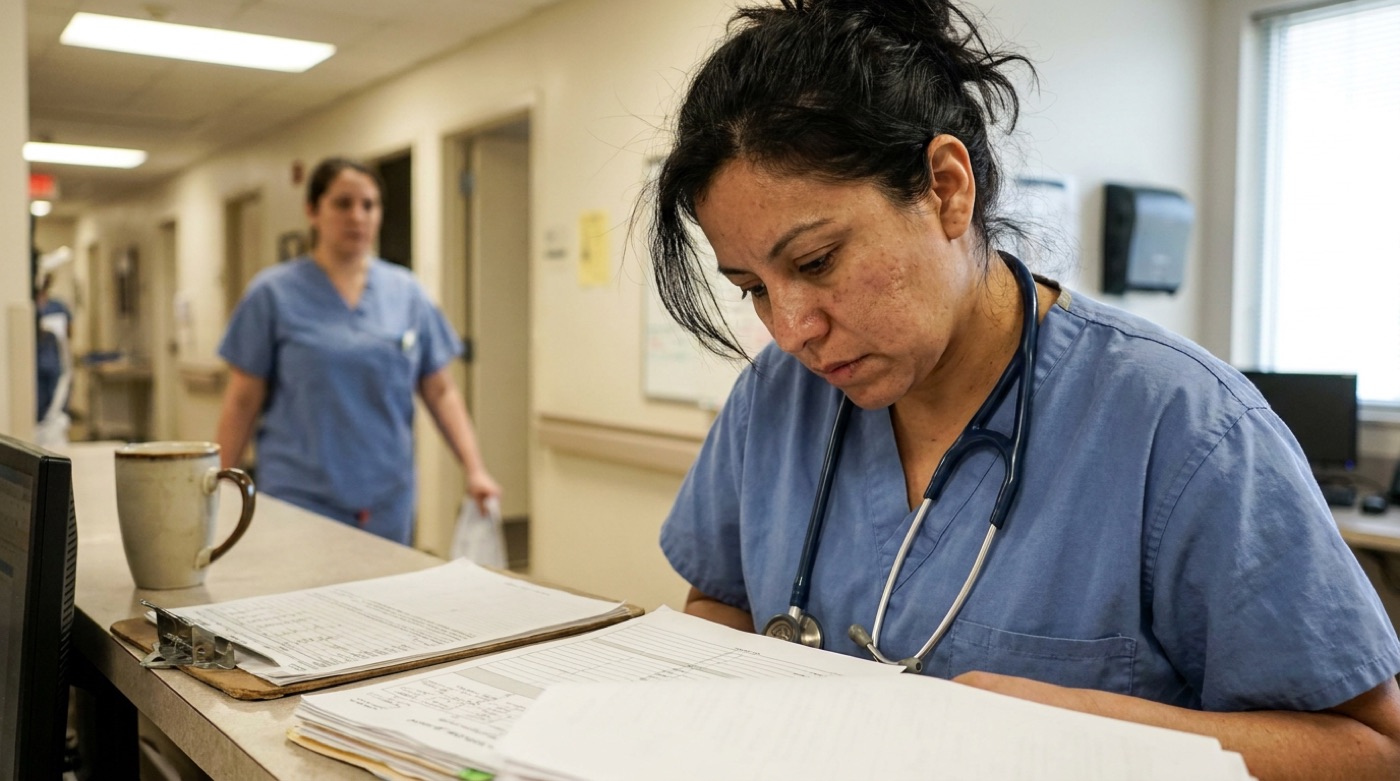 Médica revisando prontuários na clínica