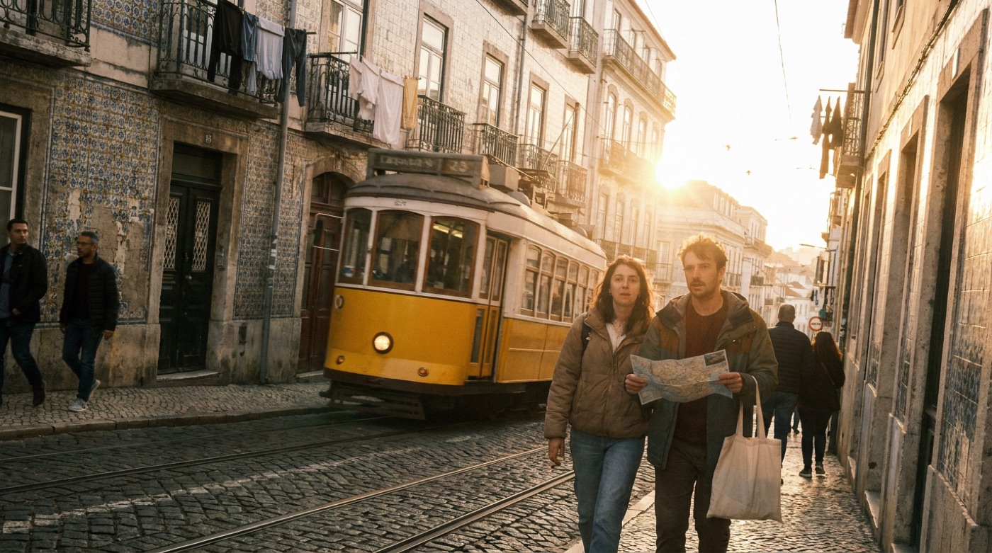 Rua europeia ao entardecer